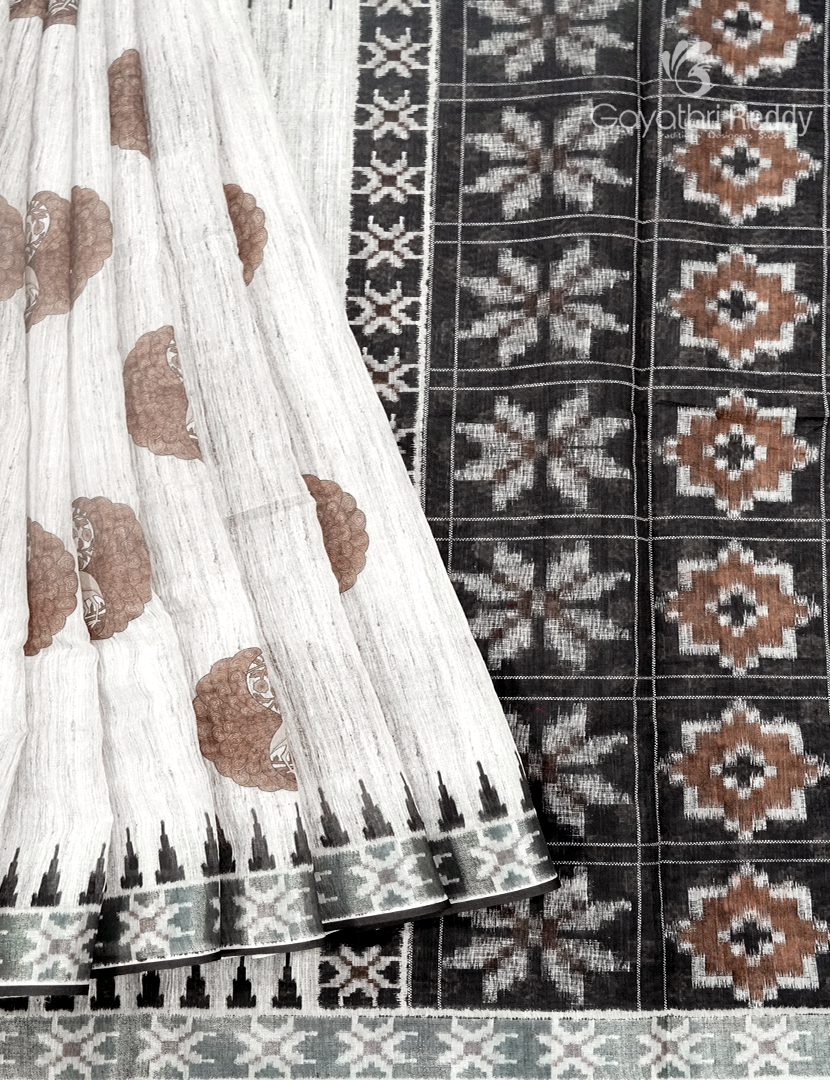 Linen Silk Saree in Cream and Black