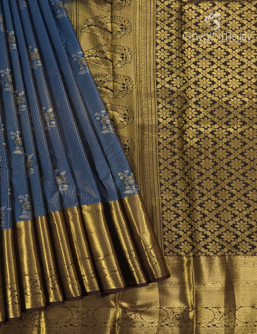 Semi Kanchipuram Silk Saree in Deep Peacock Blue and Black