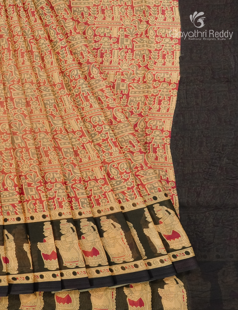 Pure MulMul Cotton Saree in Beige and Red