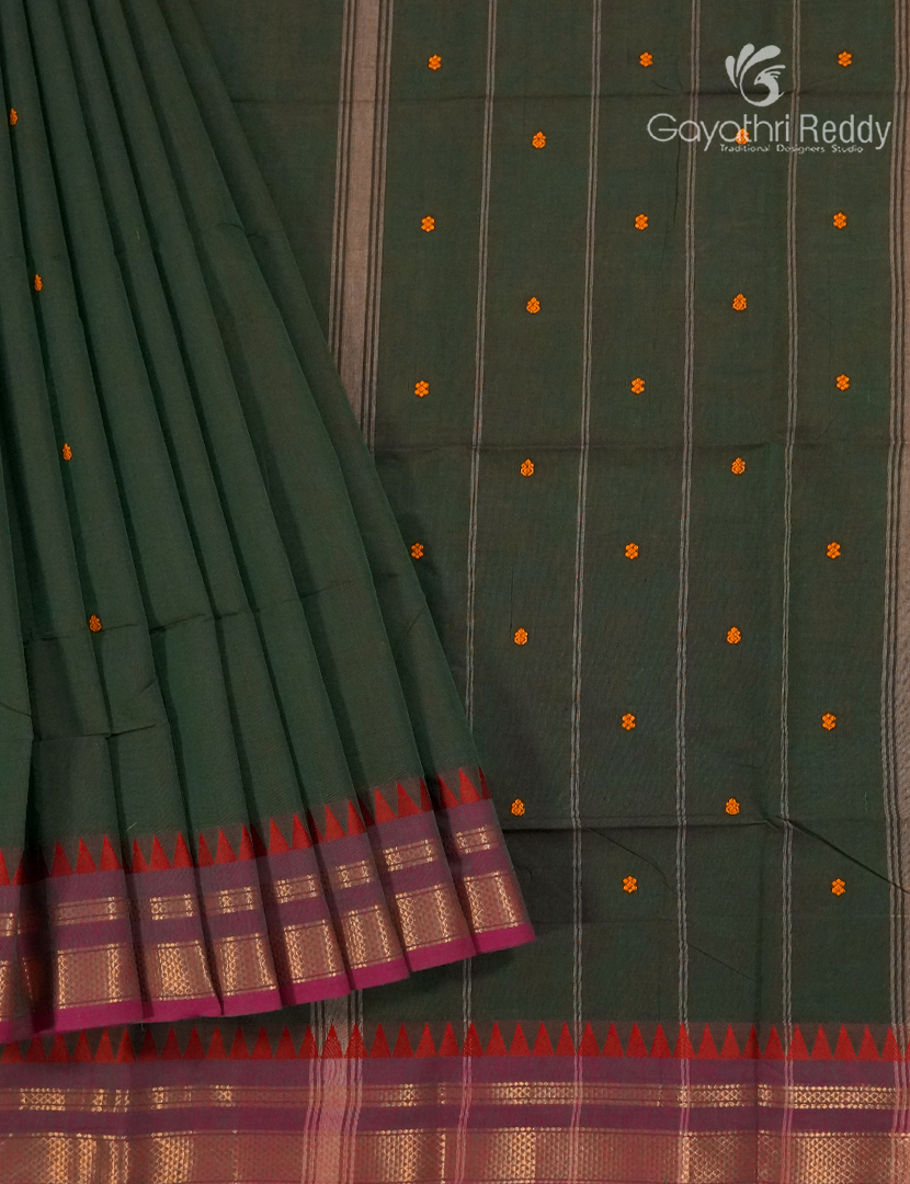Pure Handloom Cotton Saree in Deep Olive Green