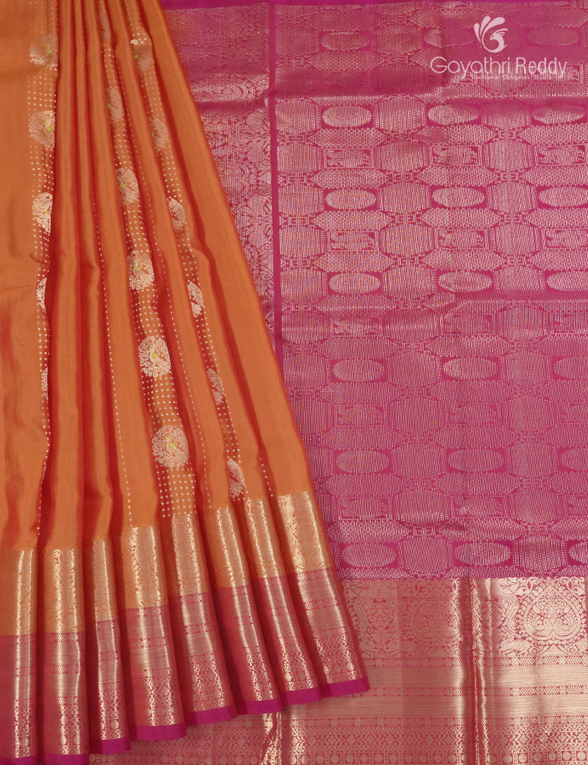 Pure Kanchipuram Silk in Rust Orange and Rani Pink