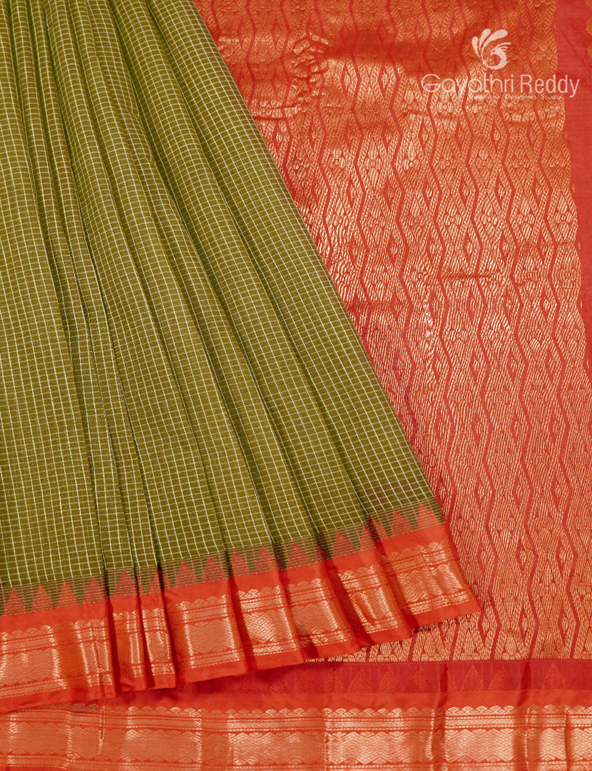 Pure Gadwal Cotton Saree in Deep Olive Green and Red