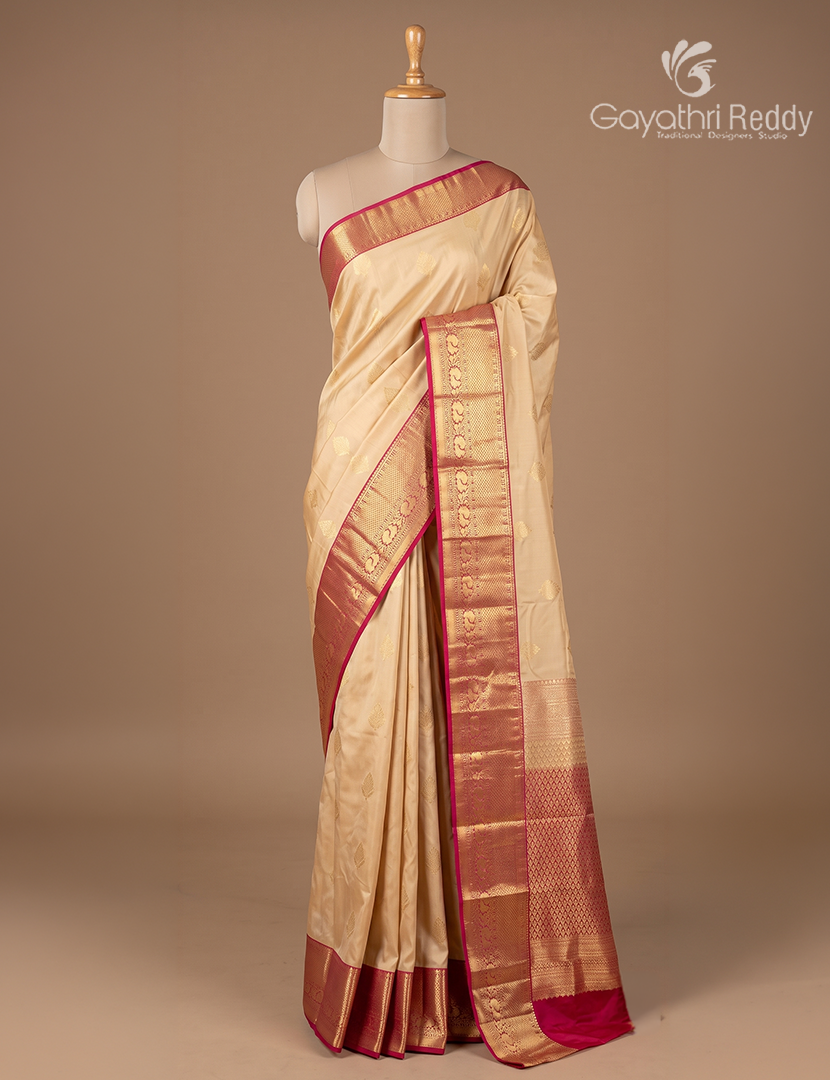 Semi Kanchipuram Silk Saree in Golden Beige and Maroon