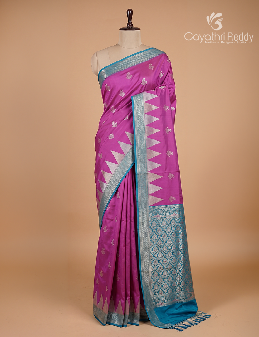 Semi Kanchipuran Silk Saree in Deep Magenta  and  Rama Blue