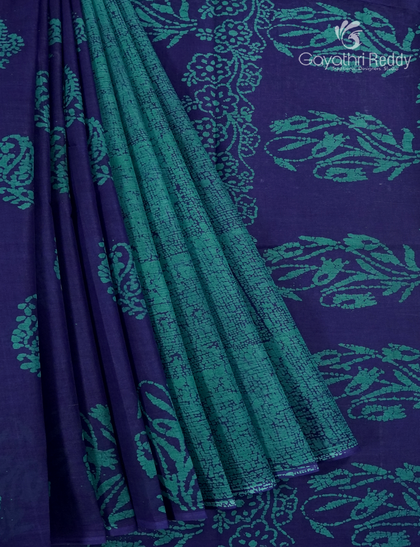 Cotton Batik Print Saree in Navy Blue and Teal Blue