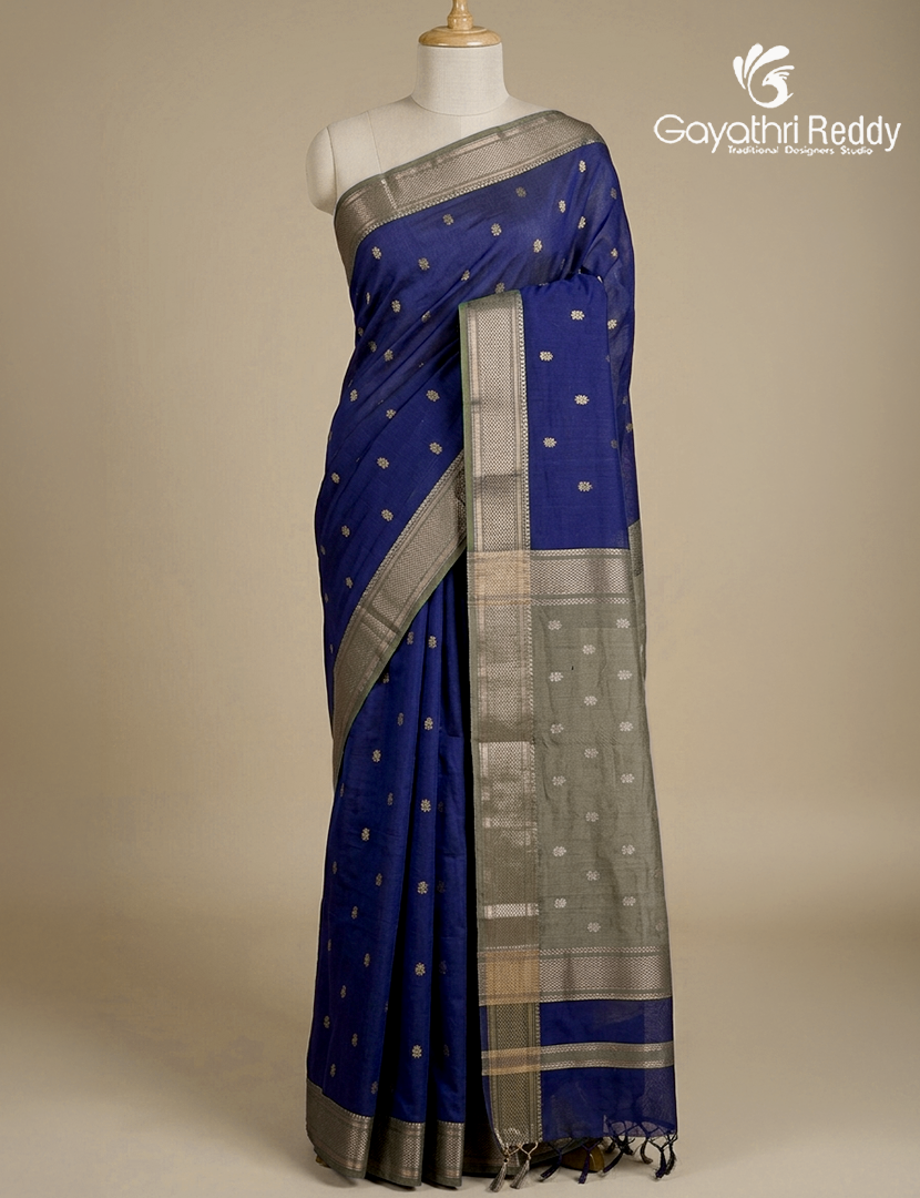 Kanchipuram Sico Saree in Navy Blue and Olive Grey