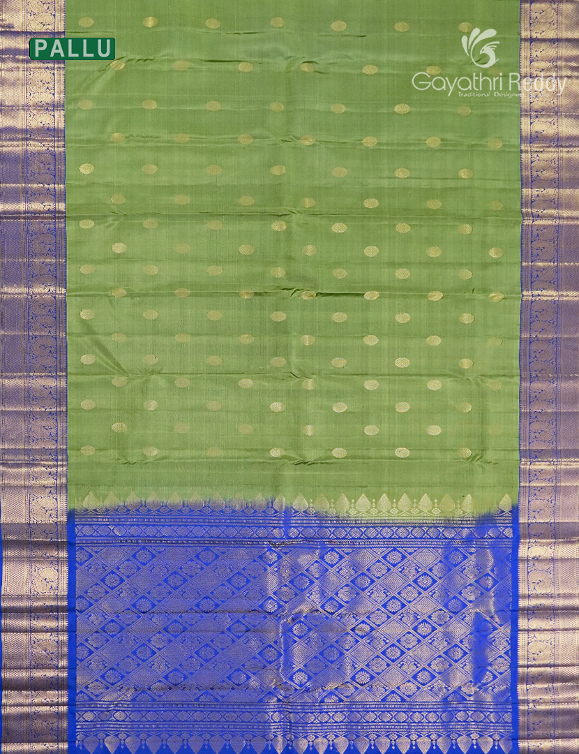 Pure Kanchipuram Silk Saree in Olive Green and  Royal Blue(Medium Borders )-KP8774