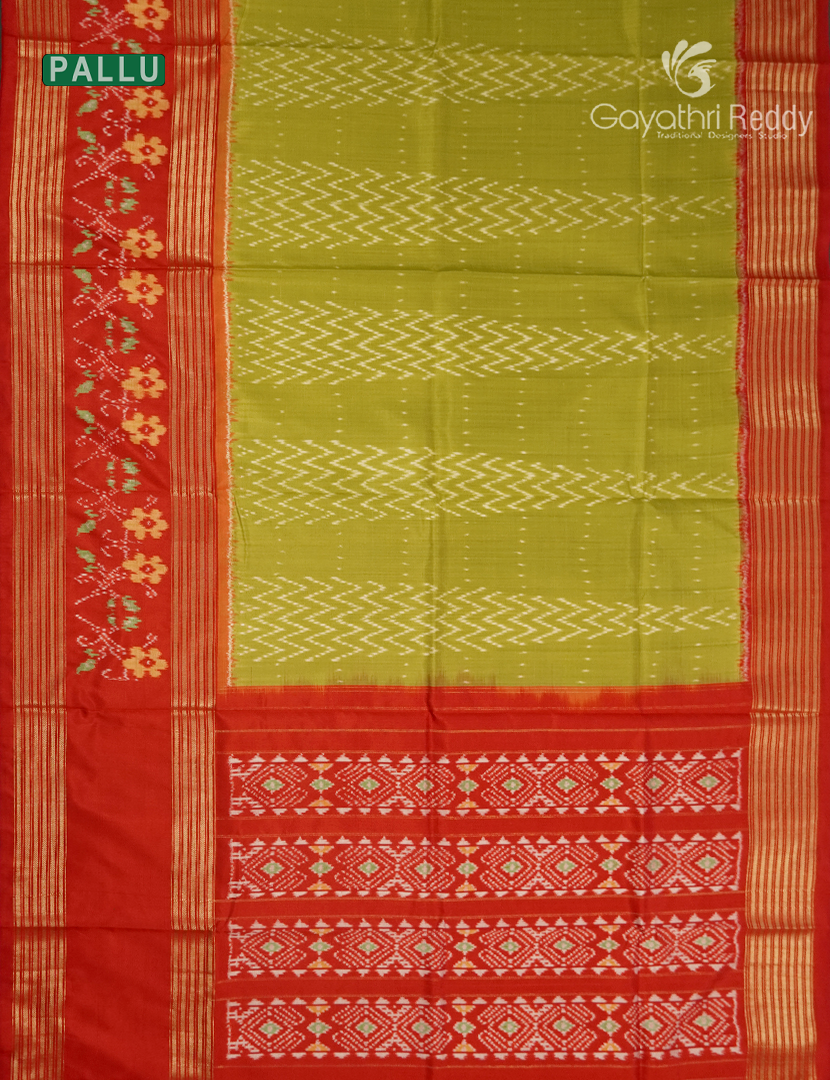 Pure Ikat Silk Saree  in Henna Green and Red