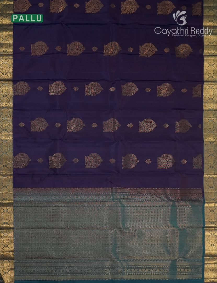 Pure Kanchipuram Silk Saree in Deep Violet and Deep Peacock Green