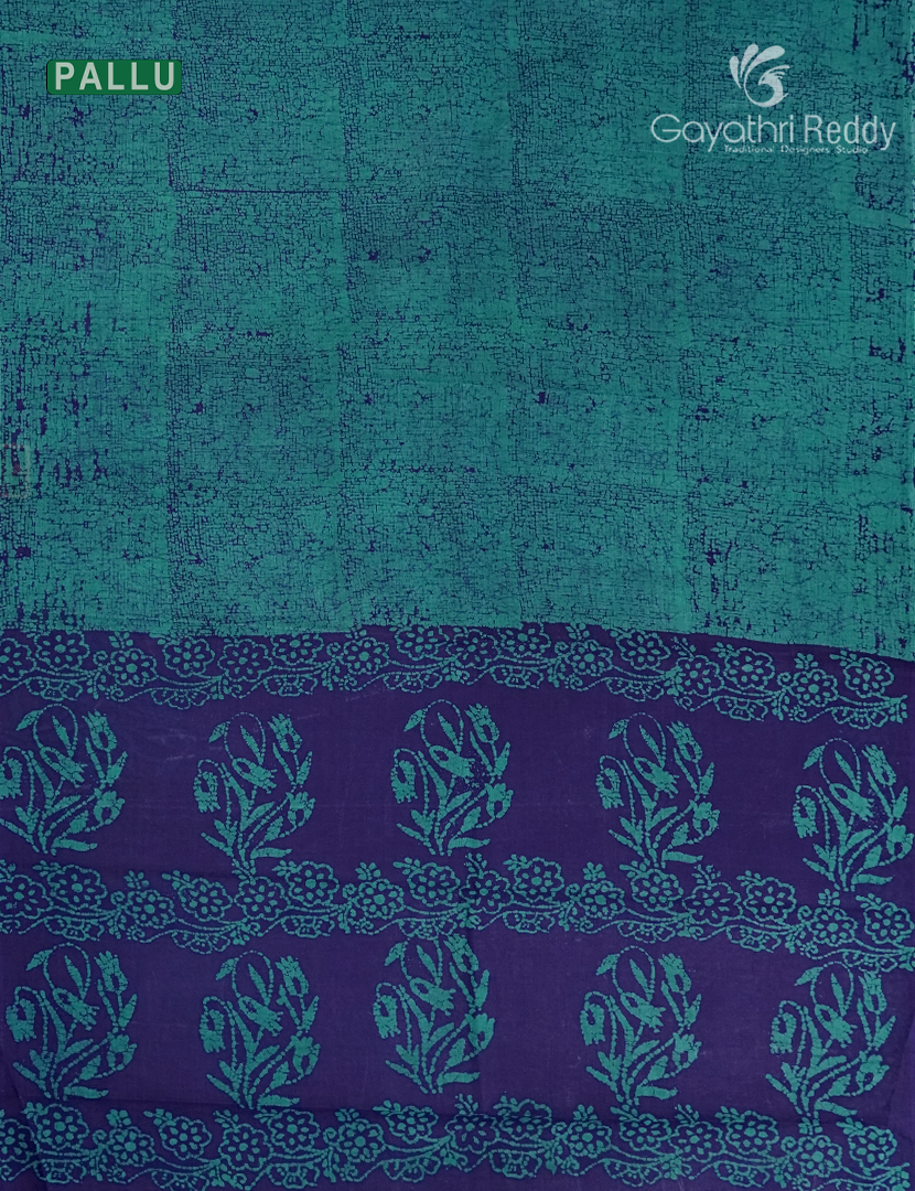 Cotton Batik Print Saree in Navy Blue and Teal Blue