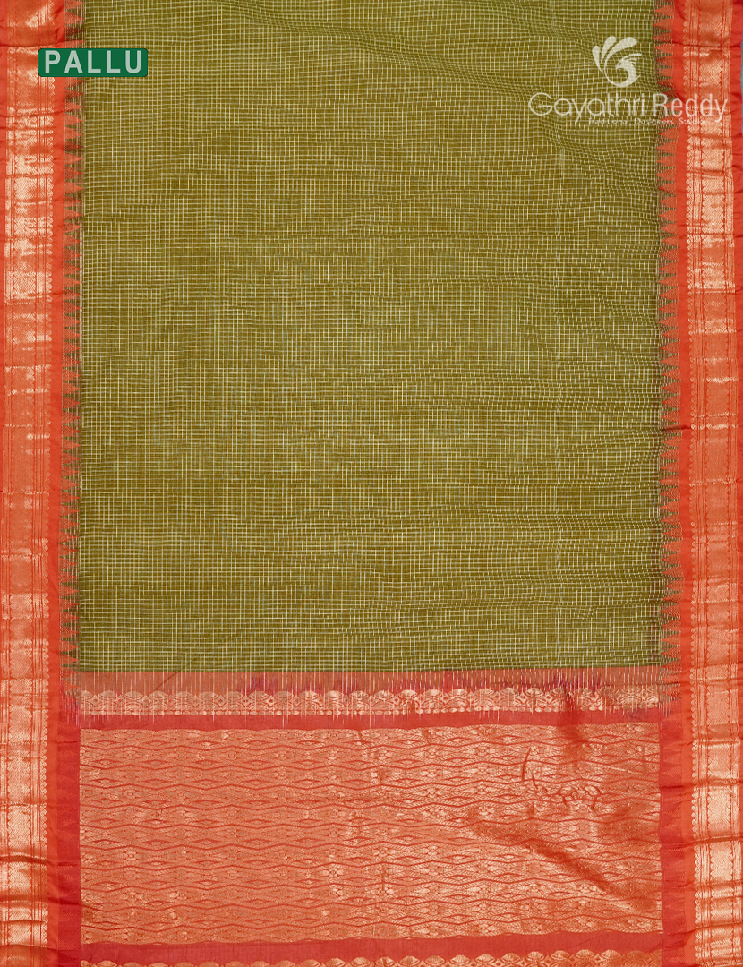 Pure Gadwal Cotton Saree in Deep Olive Green and Red