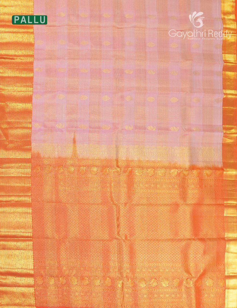 Pure Kanchipuram Silk Vintage Saree in Pastel pink and  Orange