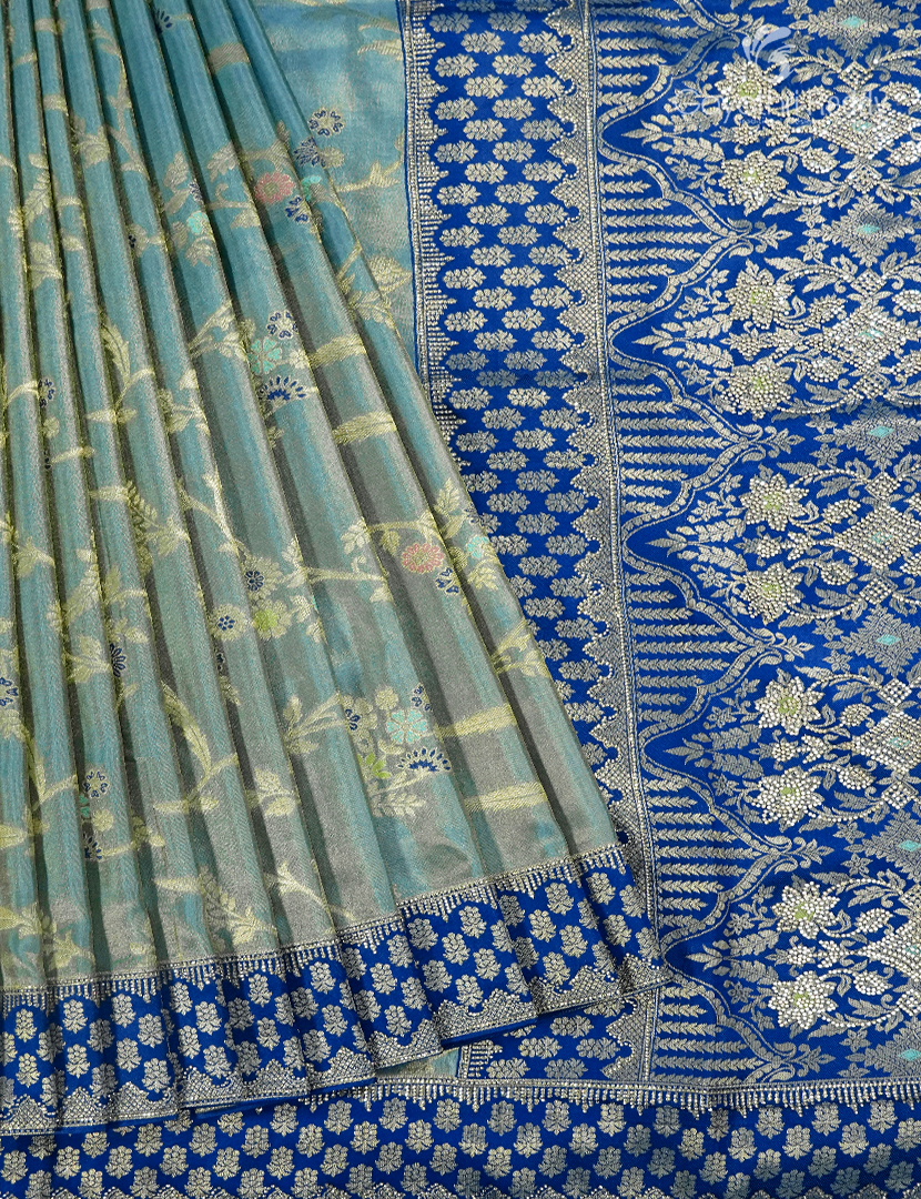 Semi Kanchipuram Silk Fancy  Saree in Sea Grey and Navy Blue