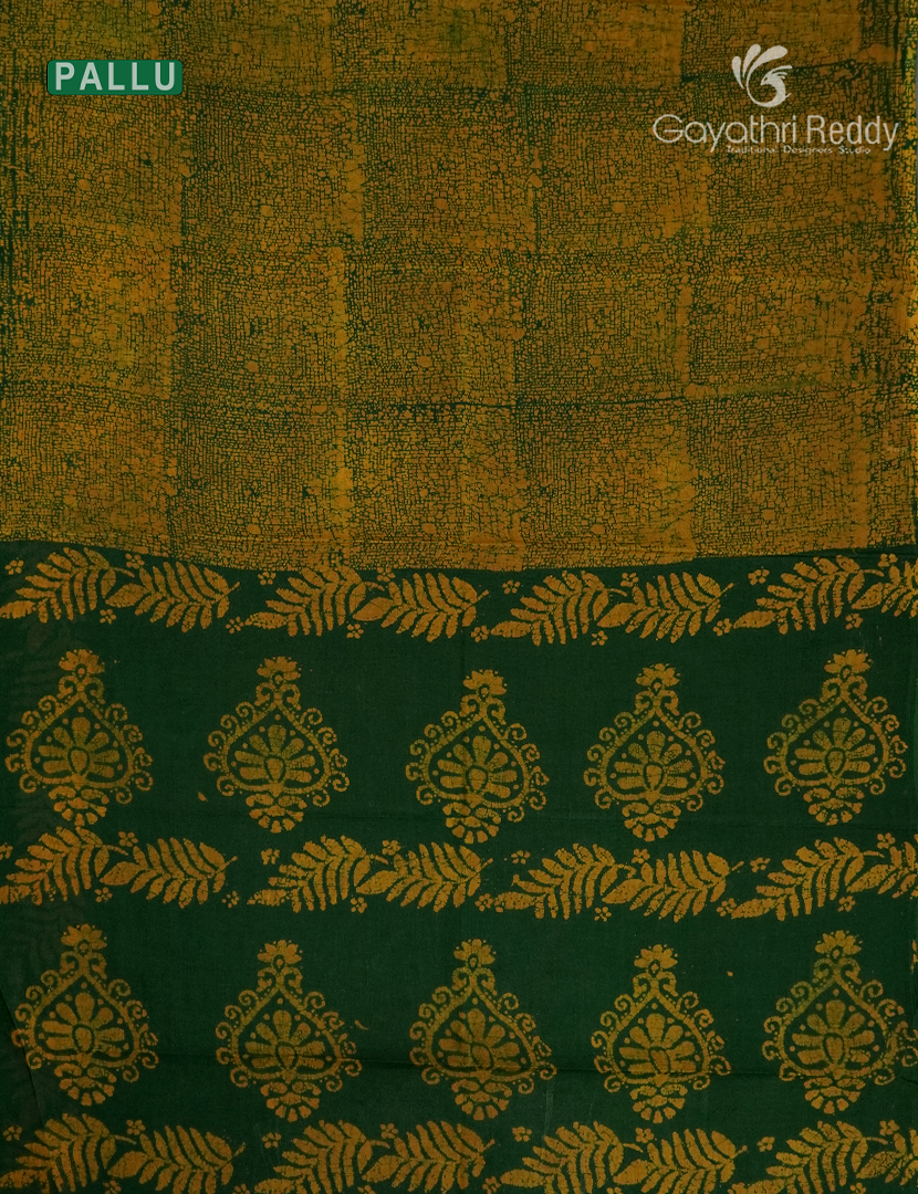 Cotton Batik Print Saree in Bottle Green and Mustard