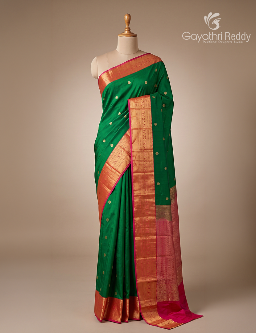 Semi Kanchipuram Silk Saree in Deep Green and Rose Pink