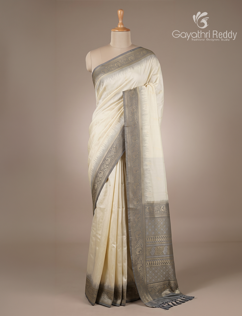Semi Kanchipuran Silk Saree in Cream and  Grey