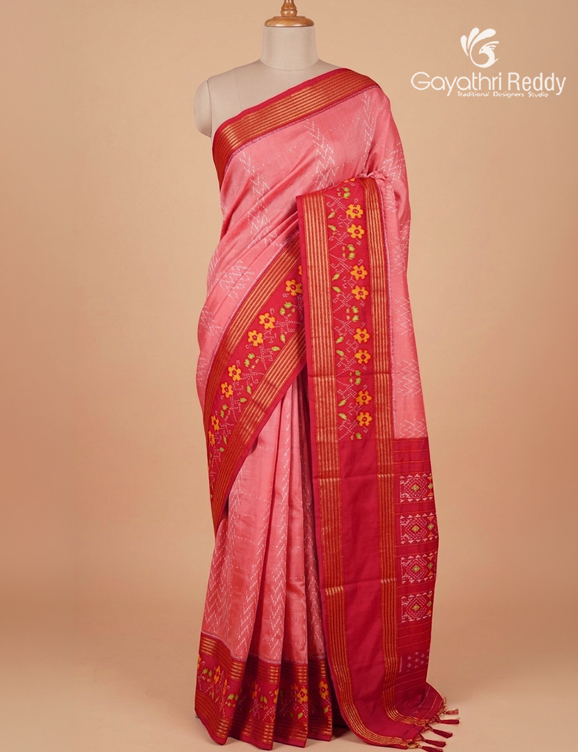 Pure Ikat Silk Saree in Baby Pink and Rani Pink
