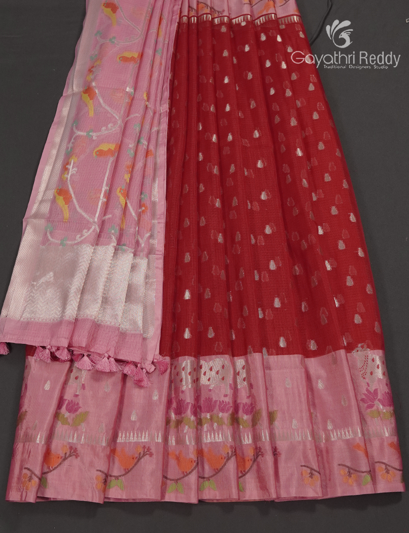 Banaras Kota Lehanga Set in Red and Baby Pink