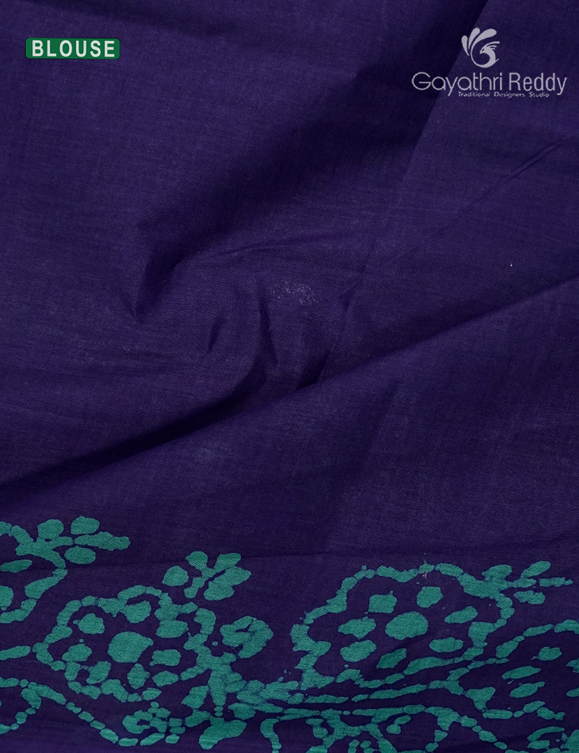 Cotton Batik Print Saree in Navy Blue and Teal Blue
