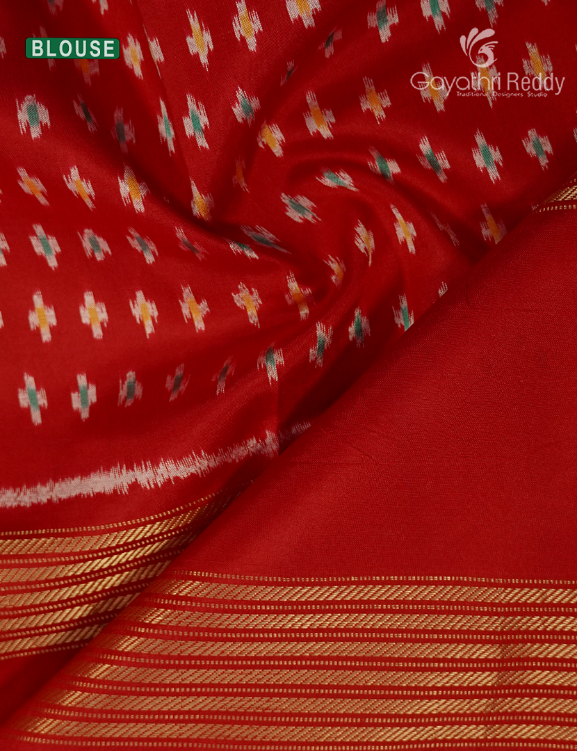 Pure Ikat Silk Saree  in Henna Green and Red