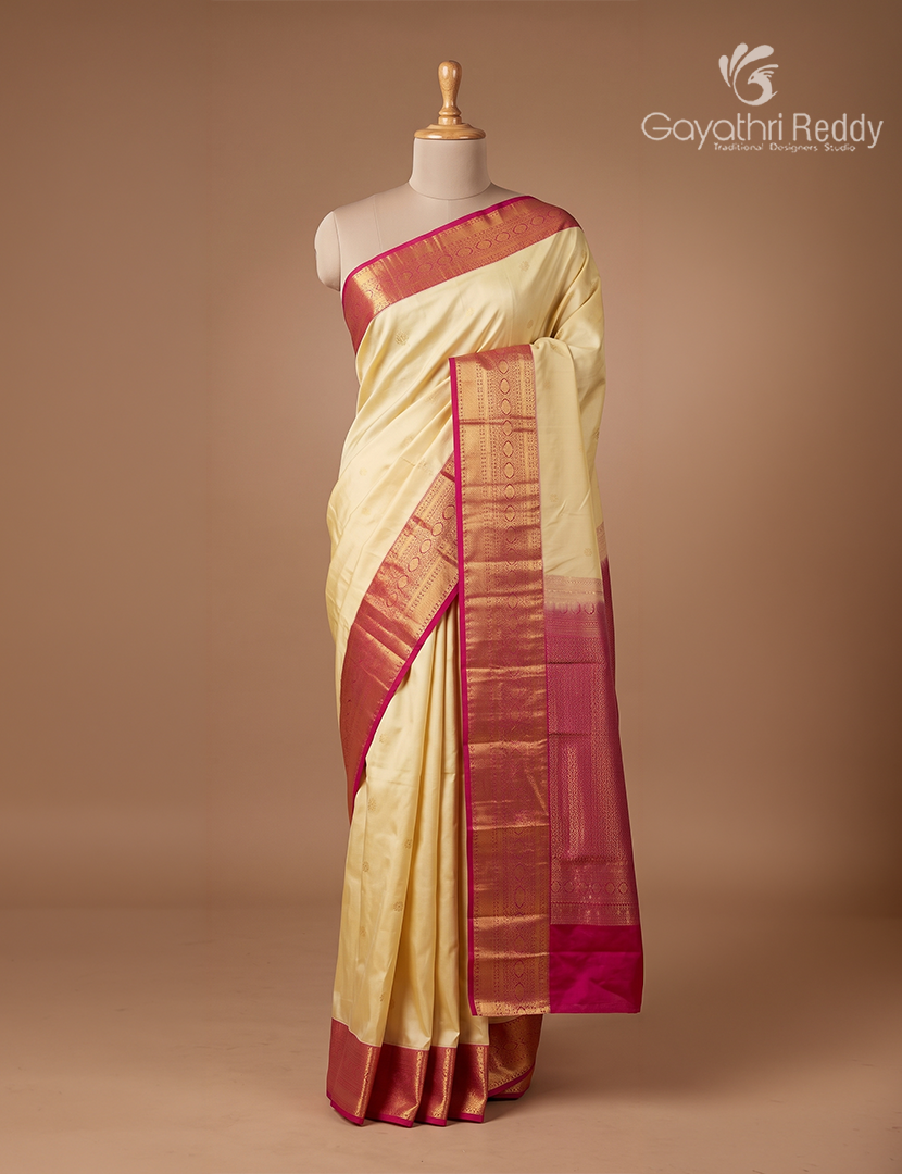Semi Kanchipuram Silk Saree in Golden Cream and Rani Pink