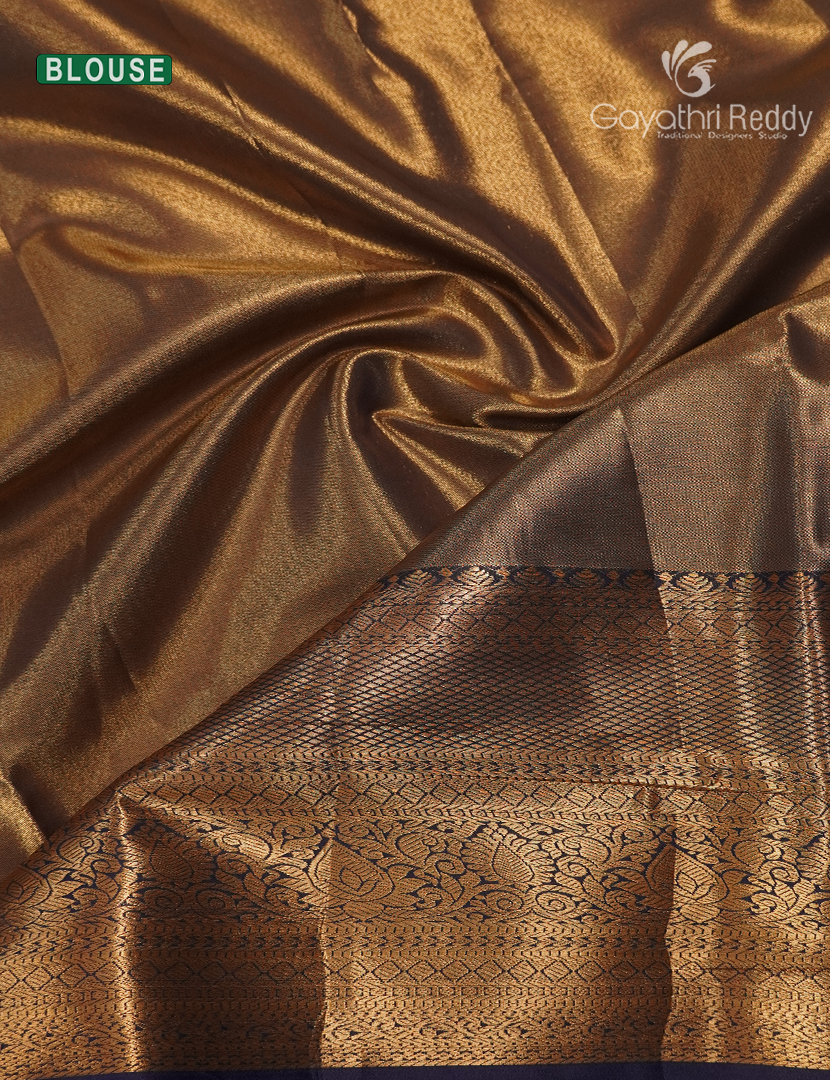 Semi Kanchipuram Silk Saree in Antique Gold and Navy Blue