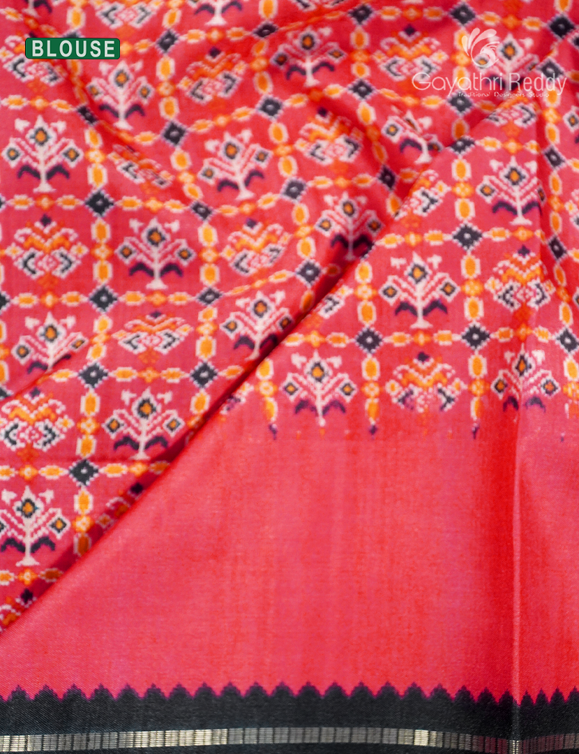 Semi Tussar Saree in Black and Tomato Red
