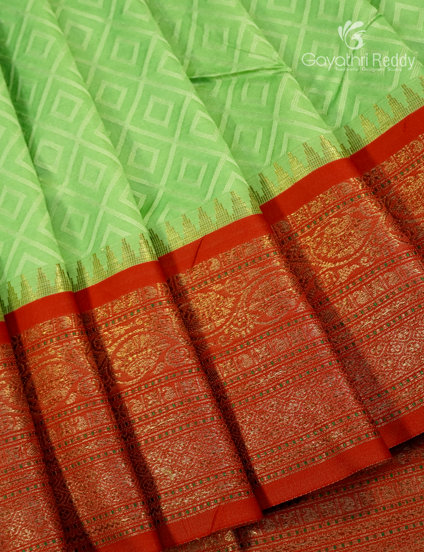 Semi Katan Silk Saree in Apple Green and Red