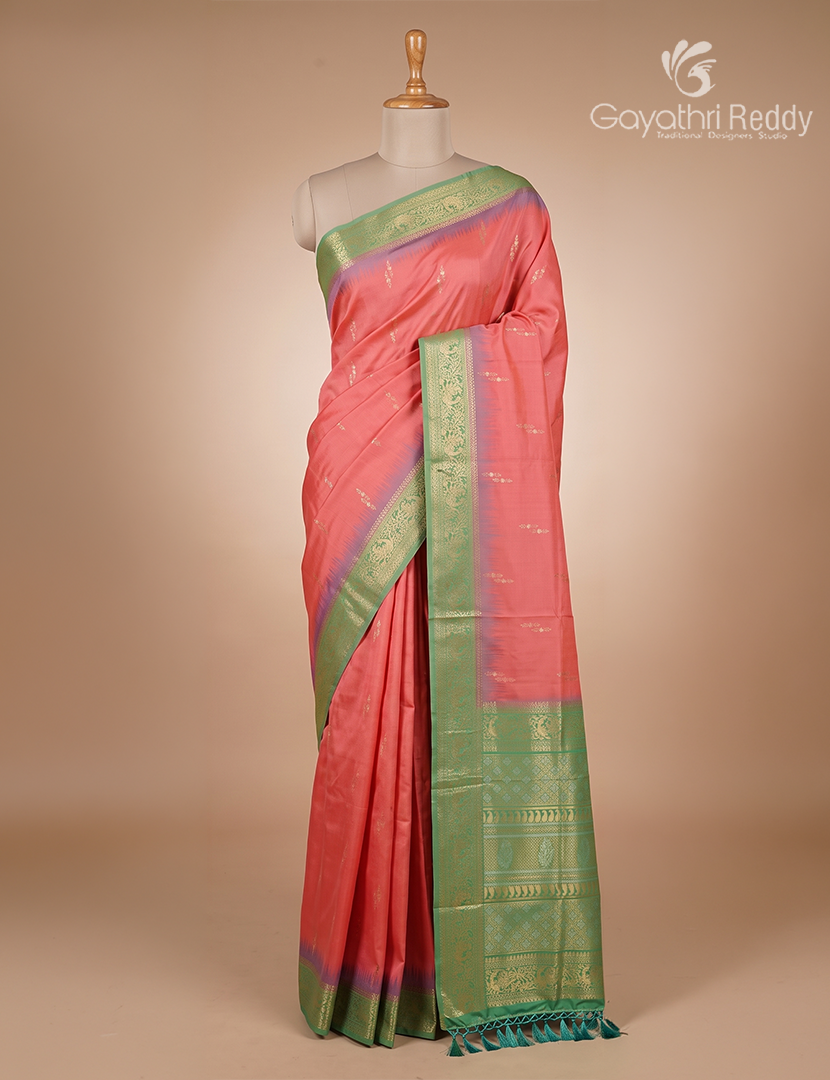 Semi Kanchipuran Silk Saree in Deep Peach and  Parrot Green