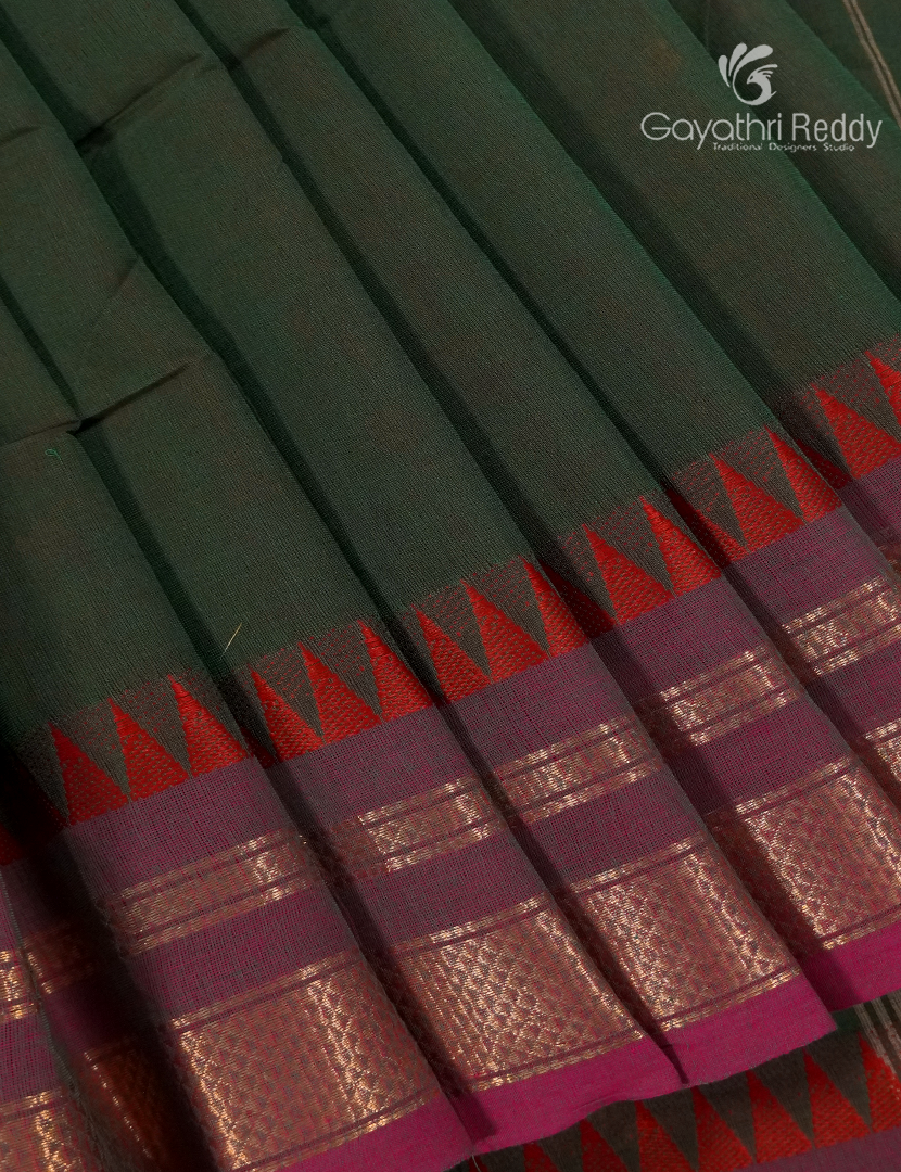 Pure Handloom Cotton Saree in Deep Olive Green