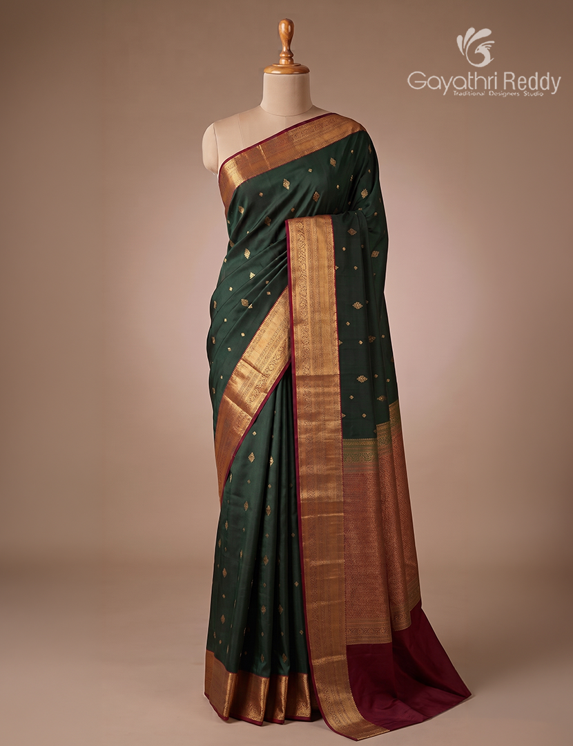 Semi Kanchipuram Silk Saree in Deep Moss Green and Deep Maroon
