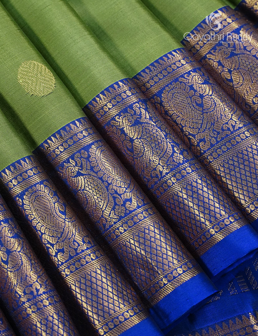 Pure Kanchipuram Silk Saree in Olive Green and  Royal Blue(Medium Borders )-KP8774