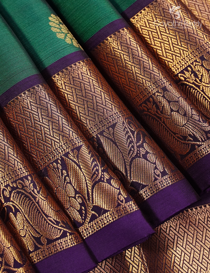 Pure Kanchipuram Silk Saree in Deep Peacock Green and Deep Violet