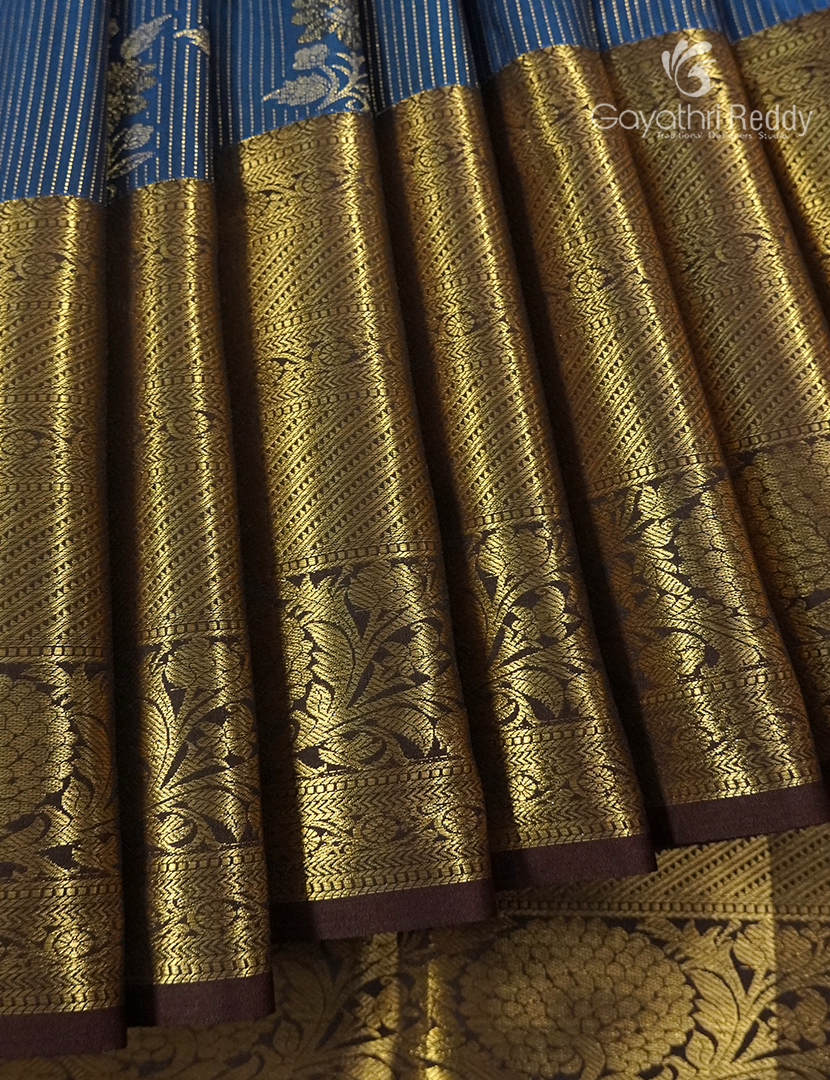 Semi Kanchipuram Silk Saree in Deep Peacock Blue and Black