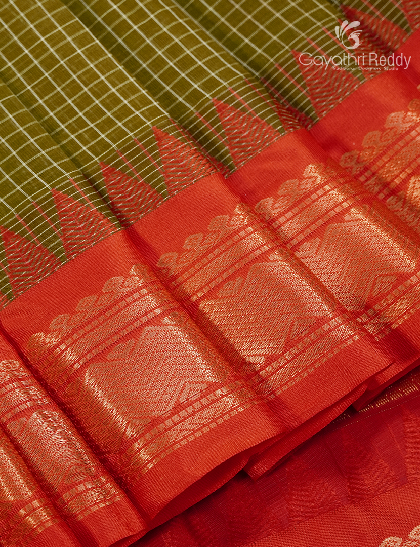 Pure Gadwal Cotton Saree in Deep Olive Green and Red