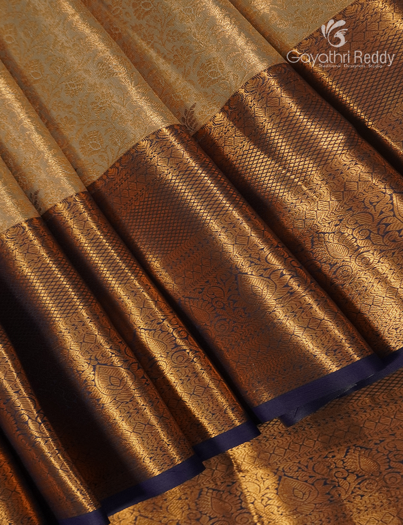 Semi Kanchipuram Silk Saree in Antique Gold and Navy Blue