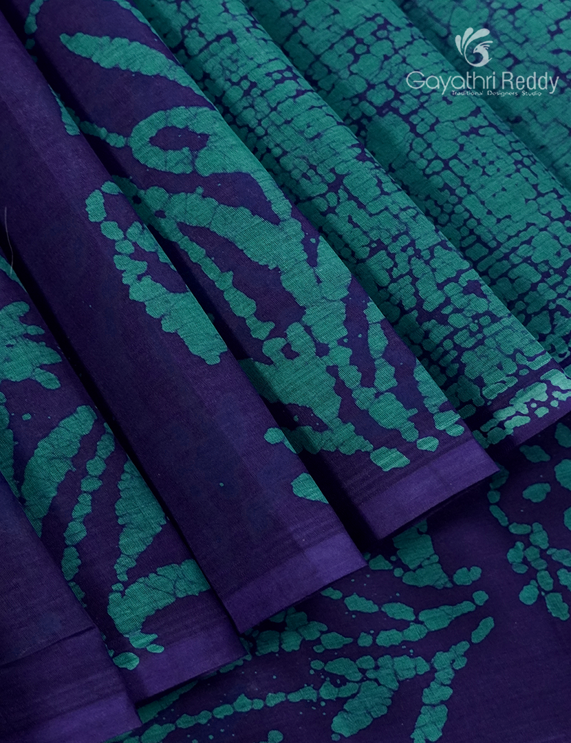 Cotton Batik Print Saree in Navy Blue and Teal Blue