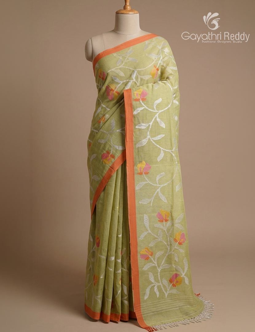 Pure Jamdani Kora Saree in Pastel Green