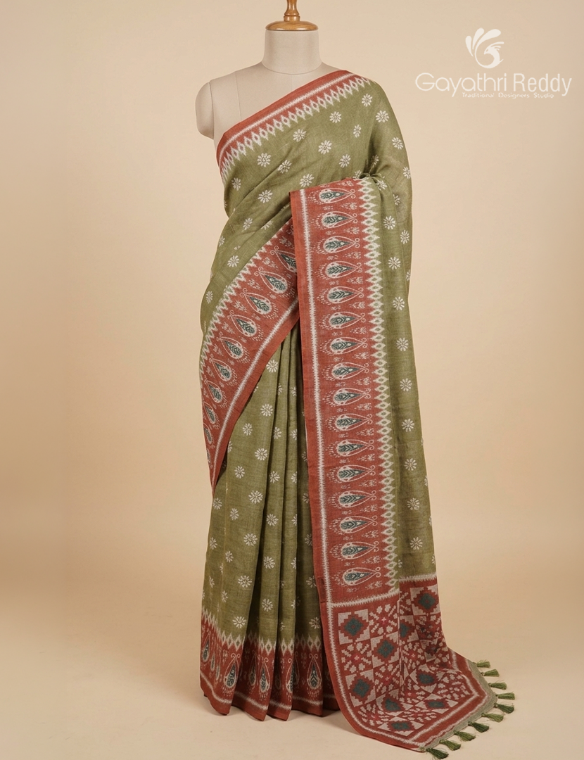 Linen Cotton Saree in Olive Green