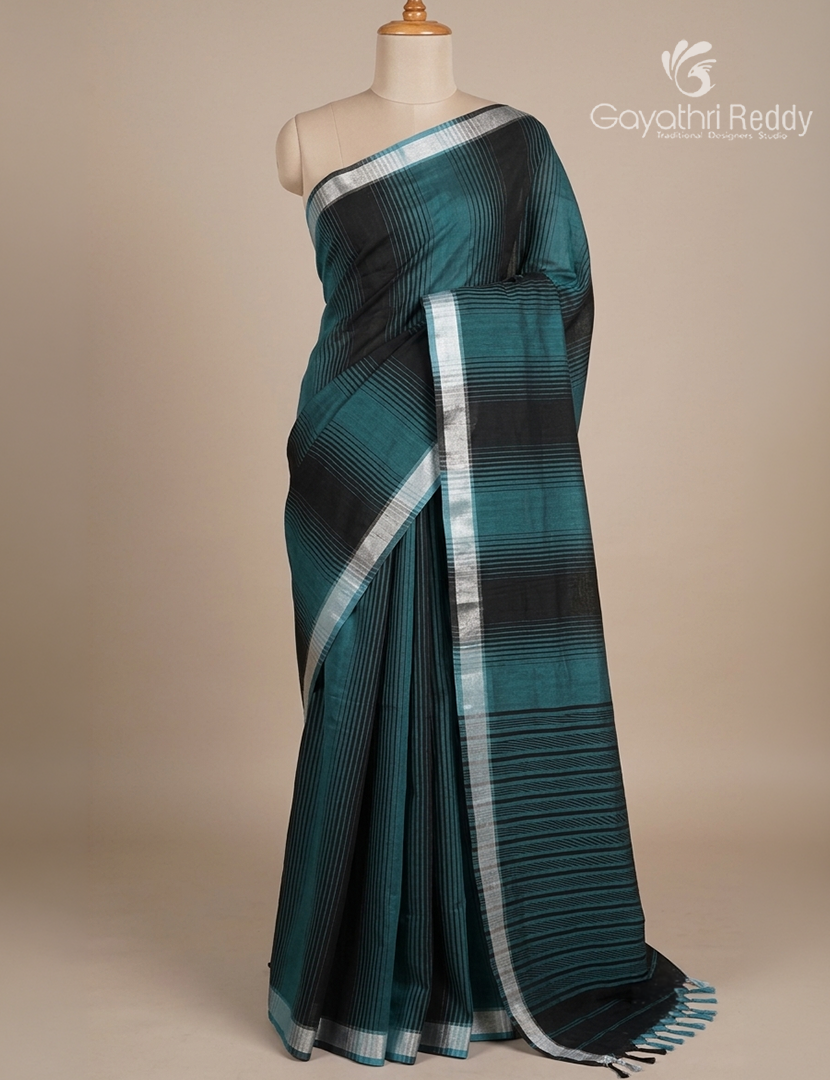 Pure Kanchi Cotton Saree in Blue and Black