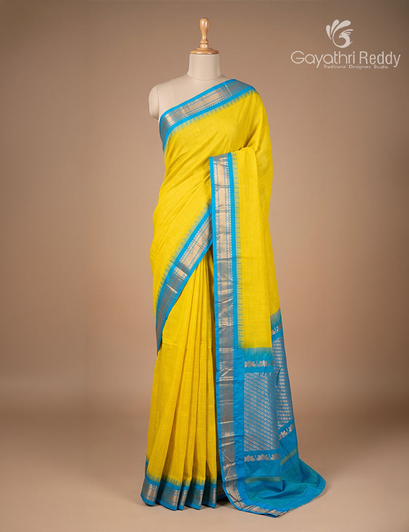 Pure Gadwal Cotton Saree in Lime Yellow and Sky Blue