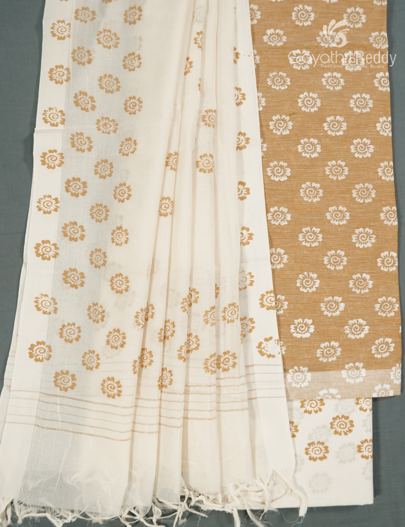 Cotton Dress Material Printed in Dry Mehendi and Cream