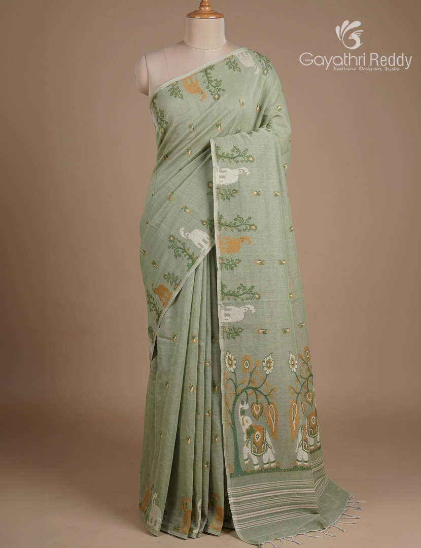 Jamdani Cotton Saree in Pista Green