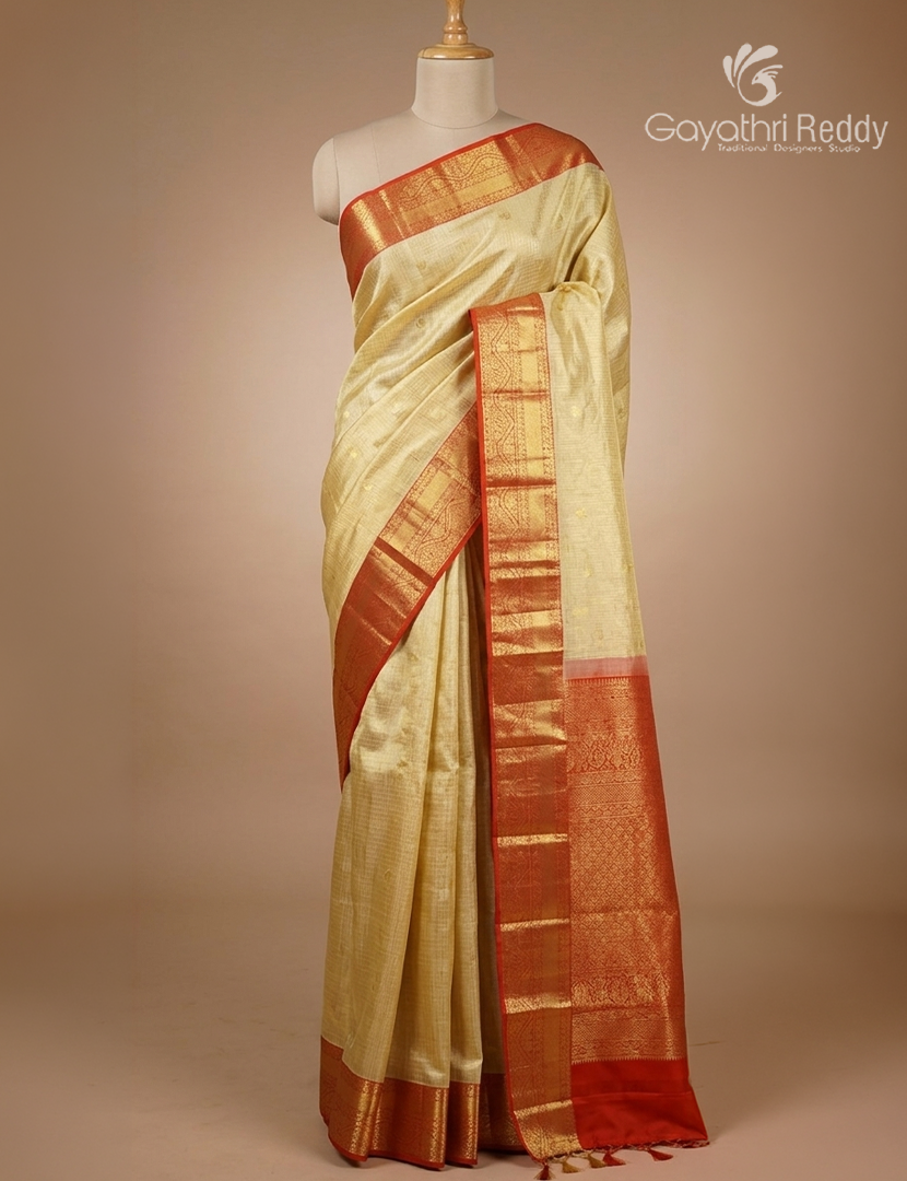 Pure Kanchipuram Silk Talambralu  Saree in Cream and Red