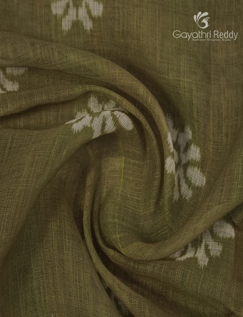 Linen Cotton Saree in Olive Green