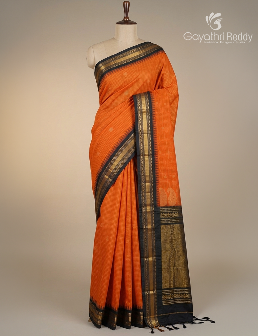 Pure Gadwal Cotton Saree in Orange and Black