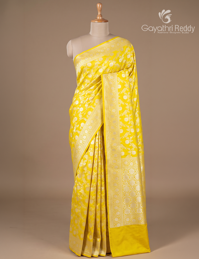 Pure Banaras Katan Silk Saree in Lime Yellow