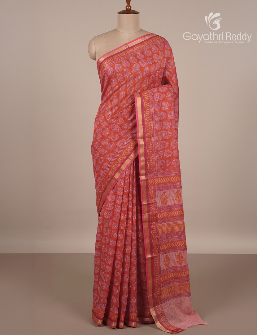 Premium Quality Cotton Kota Saree in Orange and Baby Pink