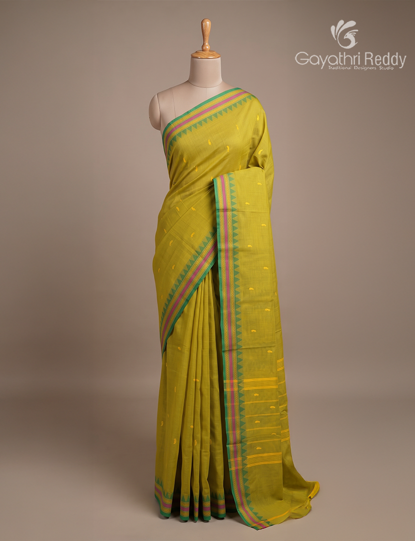 Pure Handloom Cotton Saree in Dual tone of Mehendi Green