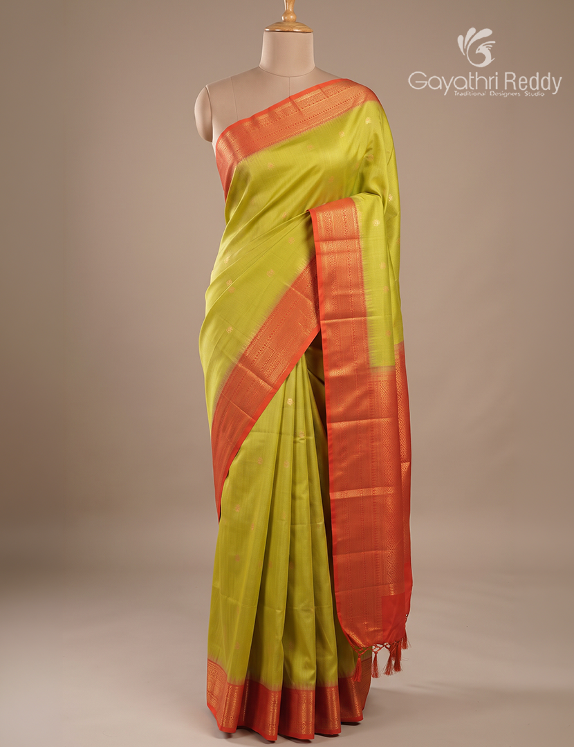 Pure  Kanchipuram Vintage Silk Saree in Lime Green and Orange